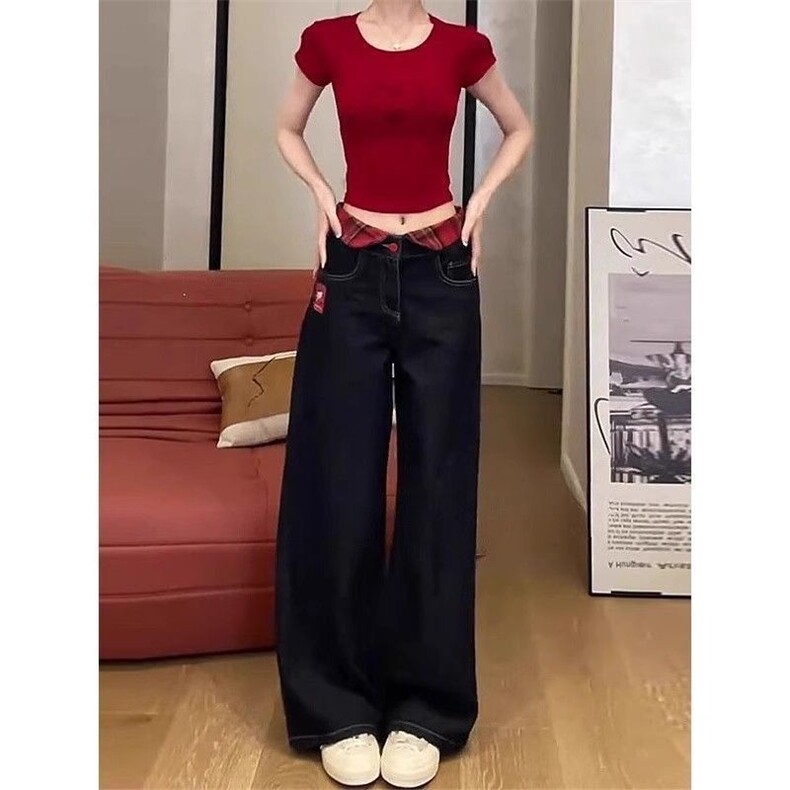 kt猫刺绣黑色直筒牛仔裤女2026春季新款小个子高腰宽松阔腿长裤子,男装牛仔裤,星座1210-1