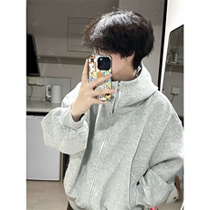 抖音得物高品质二开26春装美式高街重磅结构高领连帽卫衣外套W62，女装短外套，电商A486-1