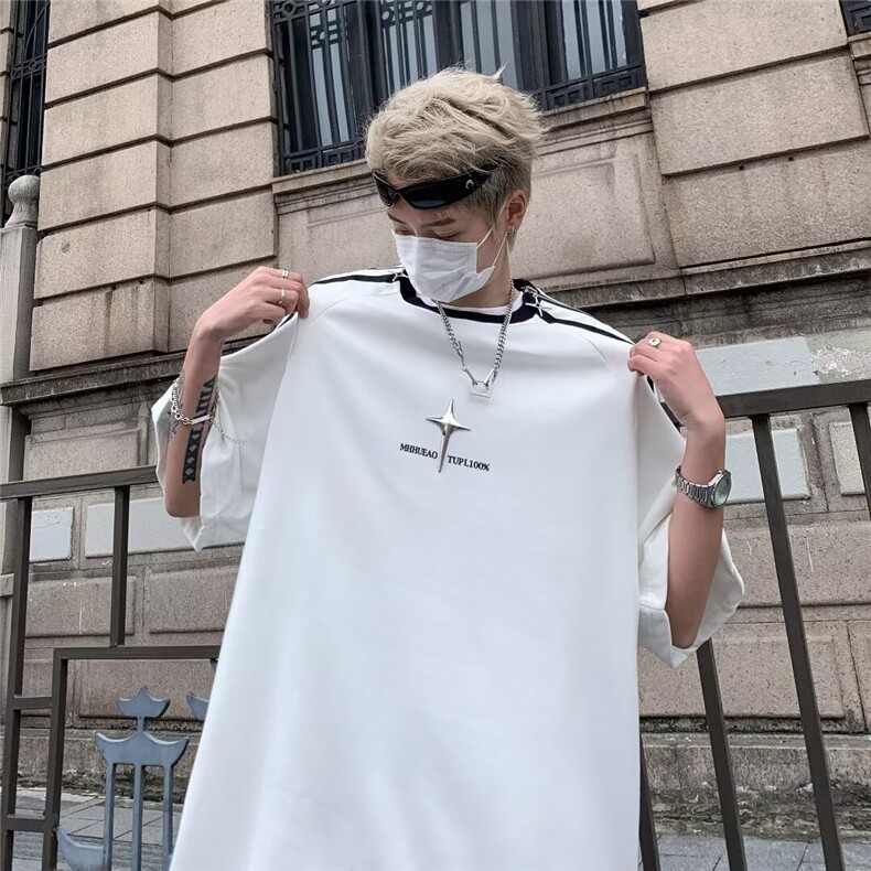 三条杠拉链露锁骨男女t恤重磅痞帅cleanfit短袖情侣七分袖~DX2501,男装T恤,星座601-2
