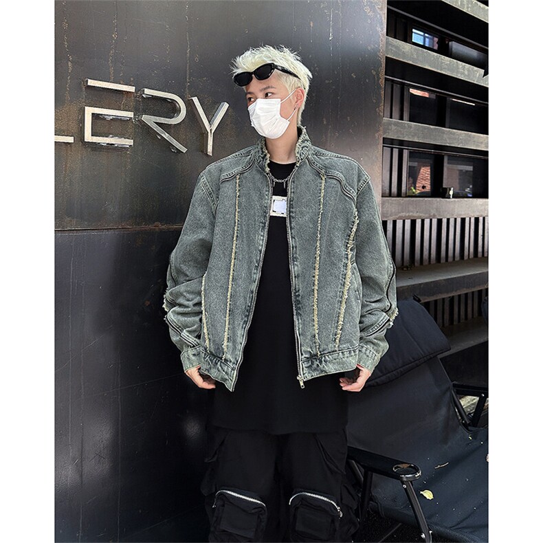 美式复古流苏毛边水洗牛仔外套男秋新款机车拉链夹克JK08632-P70,男装夹克,星座308B-1