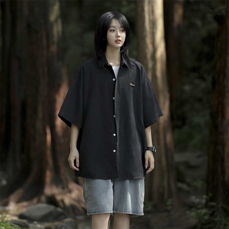 日系新款复古纯色短袖衬衫男女同款夏季宽松休闲情侣衬衣,男装衬衫,星座410-6（原星座1304-1）
