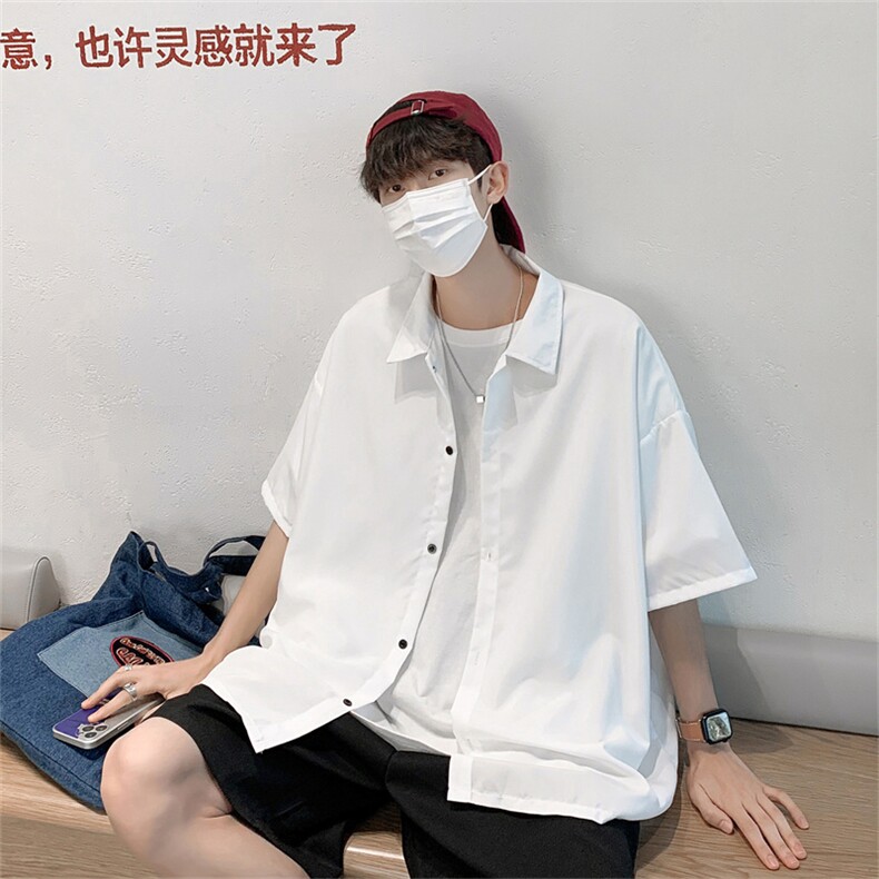 2025夏装黑色痞帅短袖燕尾衬衫男宽松冰丝衬衣C303P30,男装T恤,电商C323