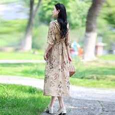 新品优雅复古印花苎麻连衣裙女长款显瘦气质V领宽松大码女装，女装连衣裙，凝聚力