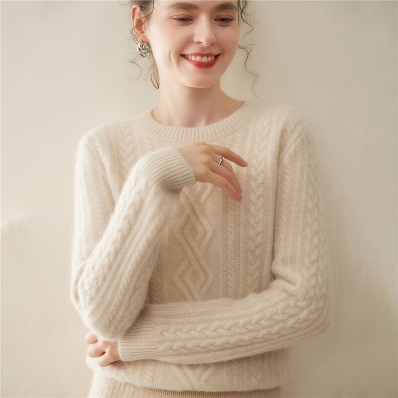 2025百搭时尚简约五针三股圆领重工绞花羊绒衫，女装羊绒衫，暖凌绒