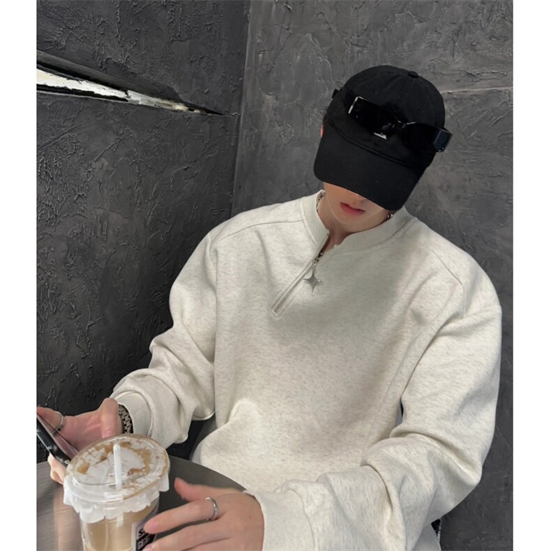 高级感金属侧拉链头拼接套头卫衣男韩版潮牌设计感半拉链上衣外套,女装短外套,星座601-1