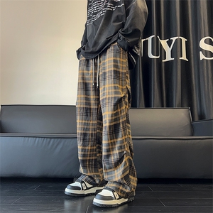 复古格子裤秋季褶皱伞兵休闲裤直筒拖地裤A486特P45控68图片
