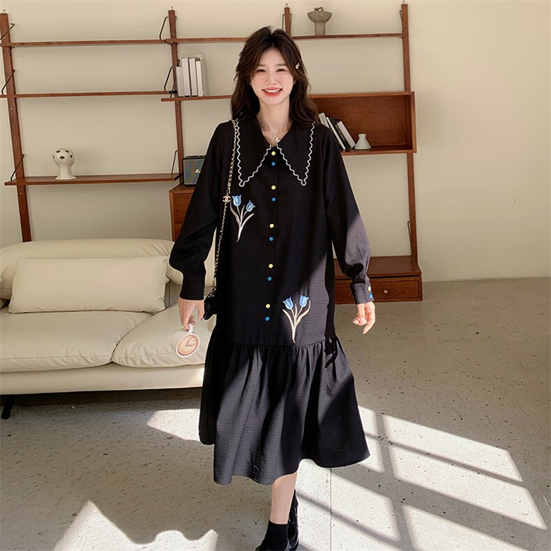 黑色刺绣娃娃领连衣裙女2025春秋季新款法式复古显瘦长袖衬衫裙,女装连衣裙,2C283