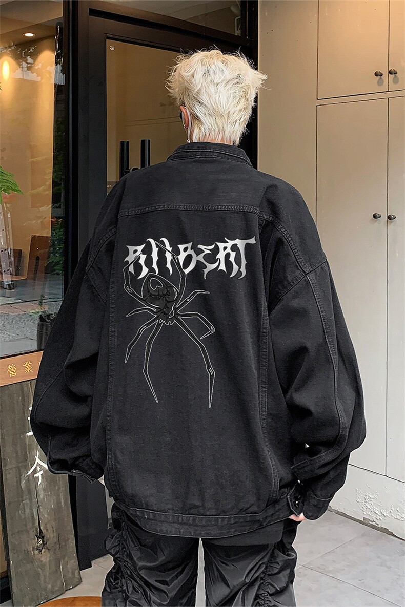 男装牛仔外套2026秋蜘蛛字母印花男生翻领夹克XZ514-2-N103-P88,男装工装外套,星座514-2(原B239)