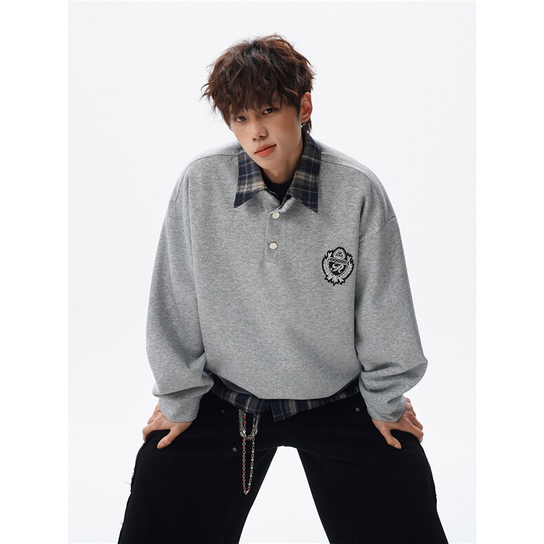 现货WY10207-特批40控78撞色拼接学院风假两件衬衫领男大码卫衣，男装衬衫，电商A059