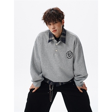 现货WY10207-特批40控78撞色拼接学院风假两件衬衫领男大码卫衣，男装衬衫，电商A059