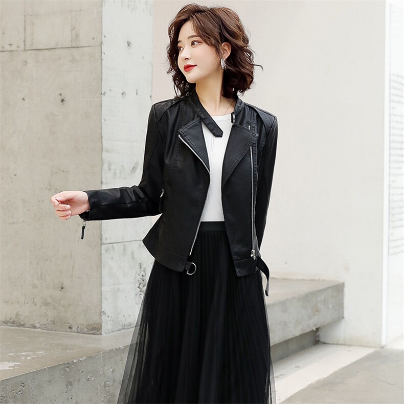 2023新款欧货高级款春秋皮衣外套女士短款高腰咖色机车pu皮夹克,女装皮衣,江南女神