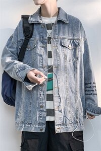 2021秋季新港风白墙大码男破洞字母刺绣牛仔衣夹克外套NJ8023-P70图片