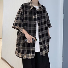 复古格子设计感短袖衬衫男女港式款衬衣CS44，男装衬衫，星座1116A-1（原606A）