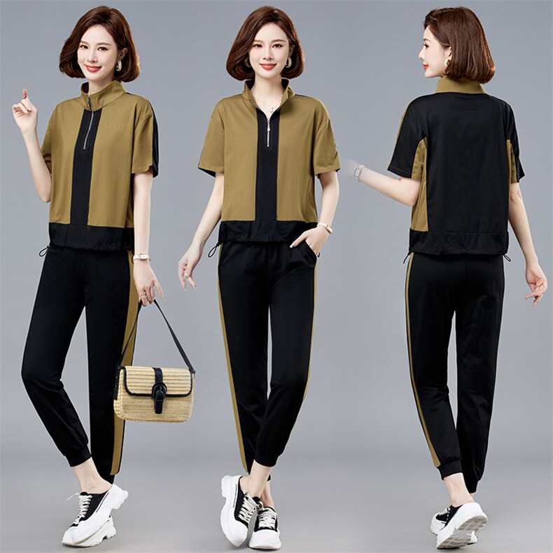 现货。2023夏季新款简约时尚气质拼色休闲舒适大码两件套，女装套装/套裙，依如秀(原杭风阁)