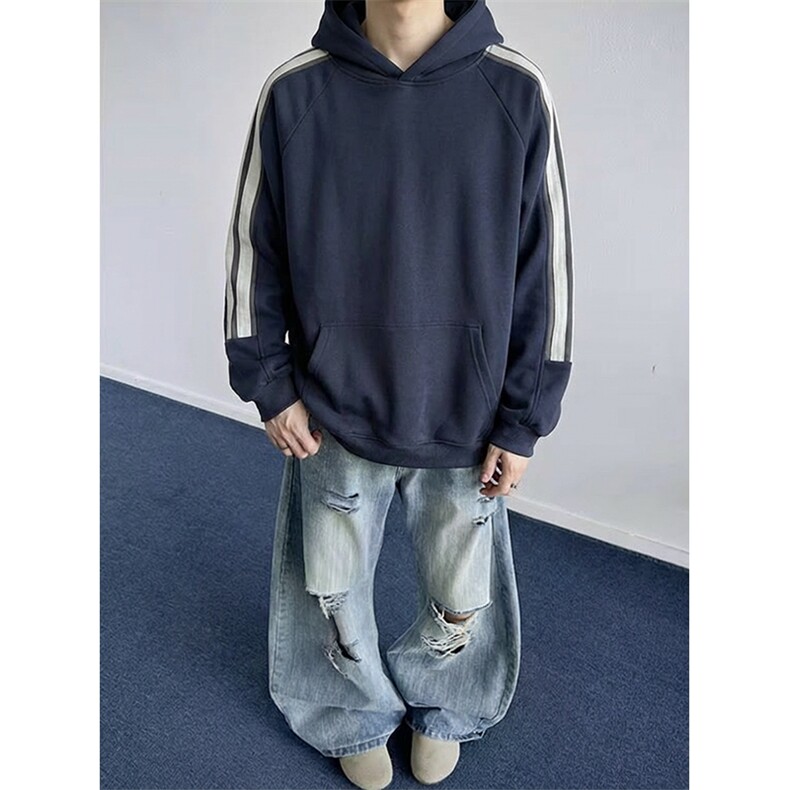 高品质春装新款男女美式高街宽松纯色拼接织带撞色连帽卫衣FM18,男装卫衣,电商A486