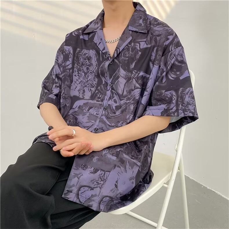 日系五分袖春夏季新款衬衫潮流慵懒男方领宽松型衬衫C1310P28,男装衬衫,星座1116-2