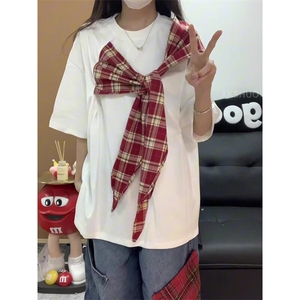 拼接格子布装饰 高品质260克双纱纯棉美式高街短袖T恤 特P35图片