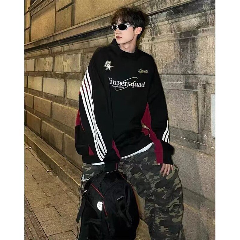 美式复古条纹拼接polo领卫衣男女刺绣潮牌宽松休闲长袖外套上衣潮,男装卫衣,星座506A