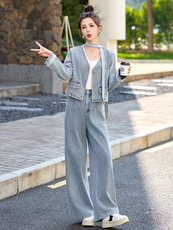 时尚蕾丝花边牛仔套装女2025春季新款超火穿搭短外套阔腿裤两件套，女装套装/套裙，贵人树