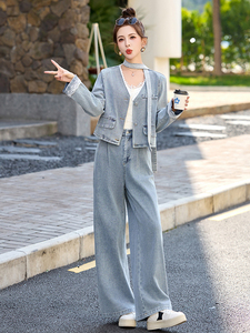 时尚蕾丝花边牛仔套装女2025春季新款超火穿搭短外套阔腿裤两件套图片