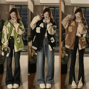字母刺绣美式复古棒球服女秋重磅情侣夹克宽松学生外套 C807-P110图片