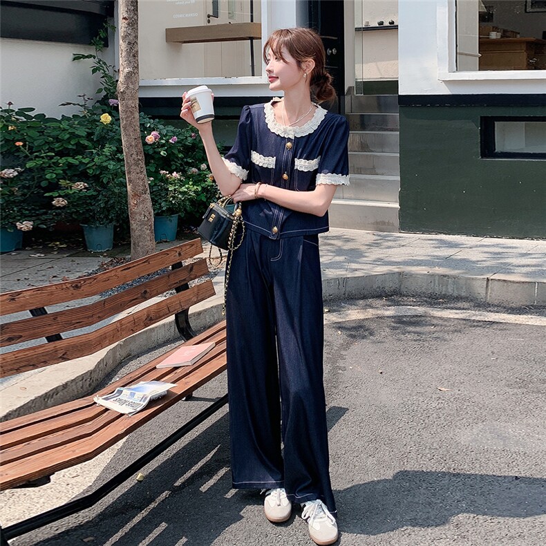 小香风牛仔套装女2025新款夏季超火今年流行爆款时尚阔腿裤两件套,女装套装/套裙,辉之琳