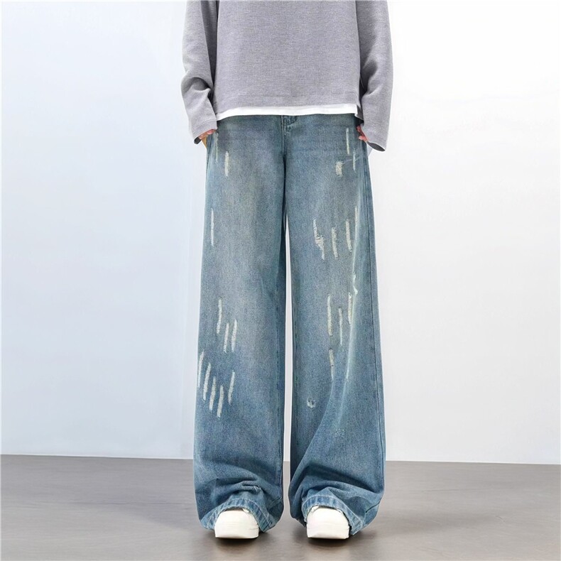 复古高街水洗破洞阔腿牛仔裤男女2025新款夏季薄高腰垂感直筒裤子，男装牛仔裤，电商A306-2