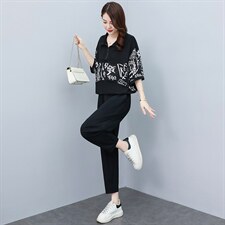 中年妈妈两件套大码减龄女装时尚2023夏季宽松显瘦花色中袖裤套装，女装套装/套裙，素月