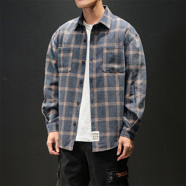 2020日系秋季马切达新大码男格子纽扣宽松翻领衬衫C508-P40，男装衬衫，电商A001