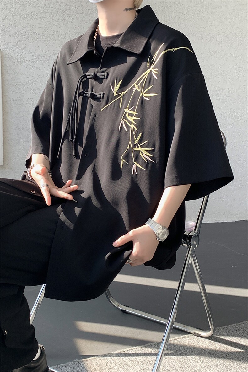 新中式短袖衬衫大码8XL-M风竹子刺绣冰丝唐装盘扣衬衣DC5007P48,男装T恤,电商B238