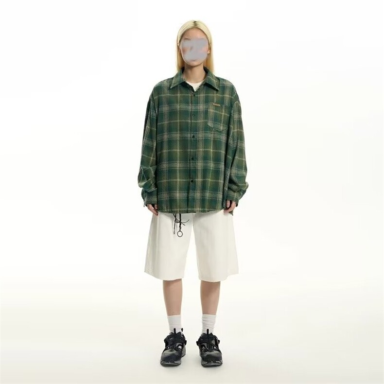 2025新款美式复古格子长袖衬衫女夏慵懒街头衬衣情侣薄外套潮,男装衬衫,星座1210-1