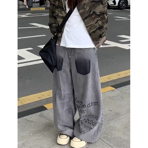 个性褶皱牛仔裤秋季新款美式高街多口袋直筒休闲长裤子 N9165图片