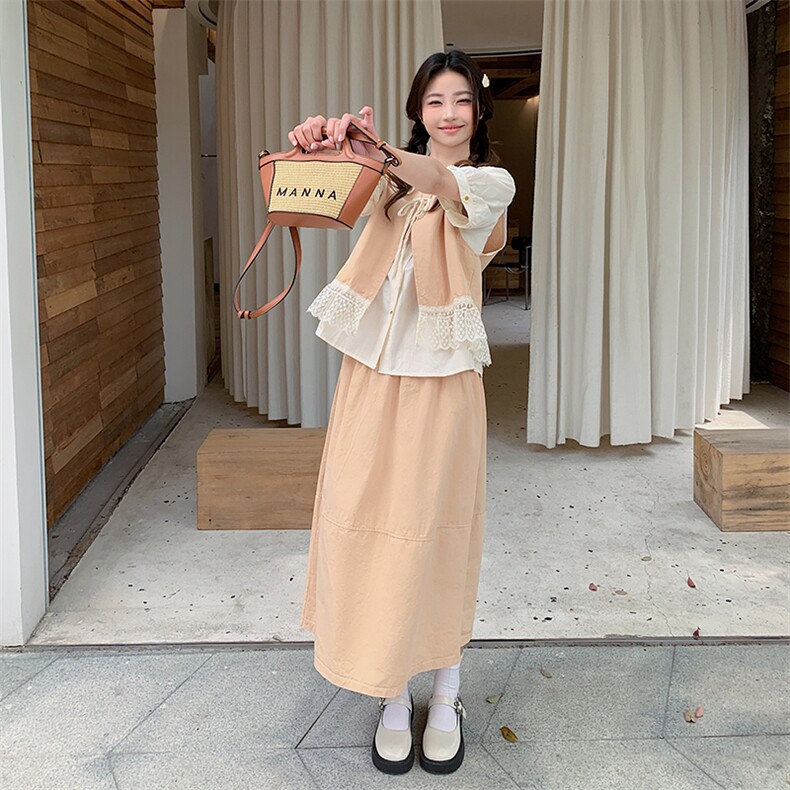 蕾丝拼接马甲半身裙两件套女2025夏季新款高级感独特绝美减龄套装,女装连衣裙,2C285