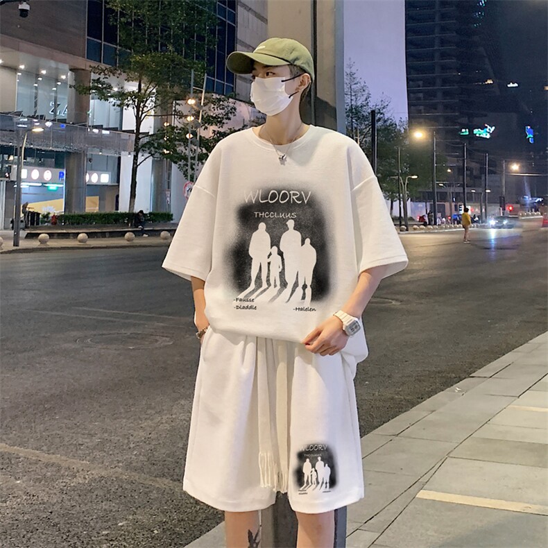wassup happy短袖t恤套装男夏季美式ins潮牌宽松大码休闲一套搭配图片