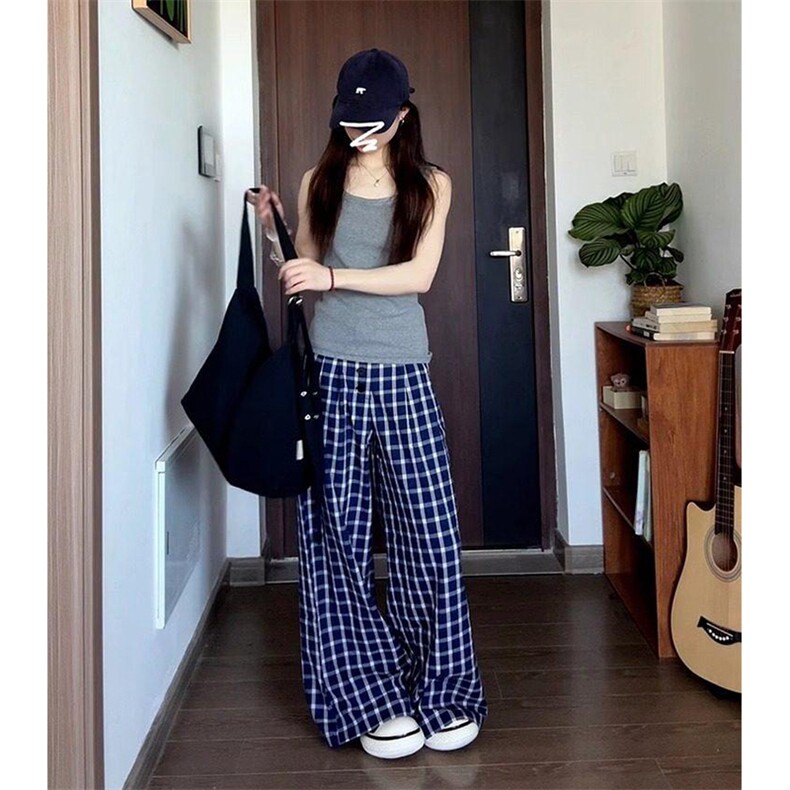 美式高街潮牌男女泡泡格子休闲裤直筒宽松慵懒显瘦阔腿休闲长裤子,男装休闲裤,电商A486