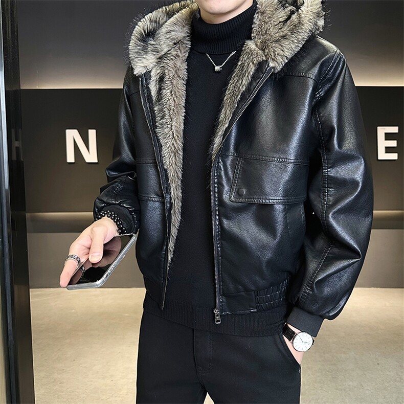 座山雕加绒加厚皮衣连帽外套男士皮毛一体PU皮棉衣B328-6651-P215,男装皮衣,电商B328