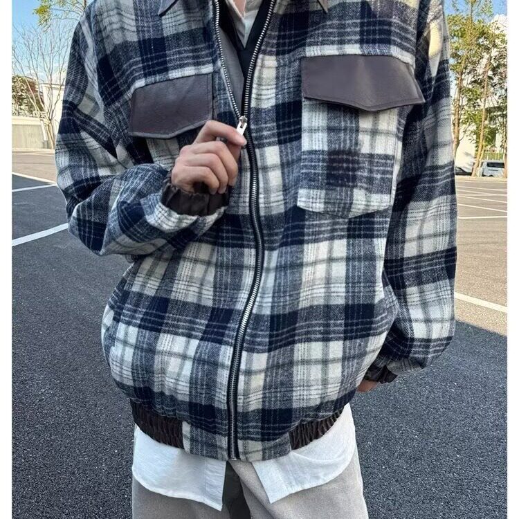 冬季棉衣男格子拼接刺绣男保暖宽松棉服外套图片