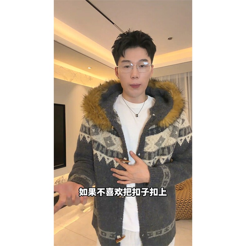 重磅北极绒座山雕大毛毛领毛衣外套冬美式复古休闲慵懒风针织开衫,男装针织衫/毛衣,电商A486-1