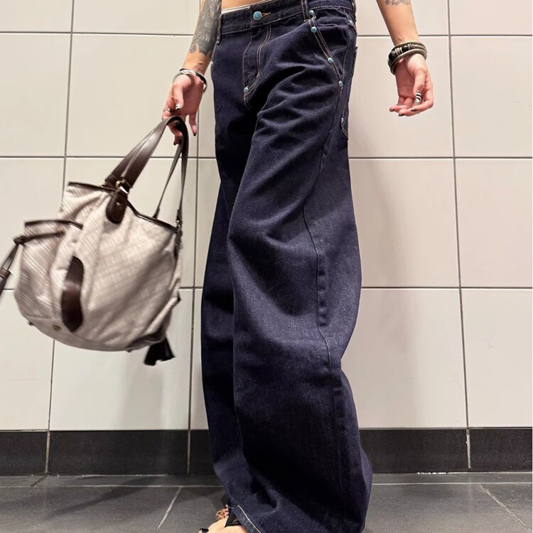 潮流美式设计感小众青少年弯刀牛仔裤复古宽松镰刀型裤子男女潮牌,女装休闲裤,星座218-8