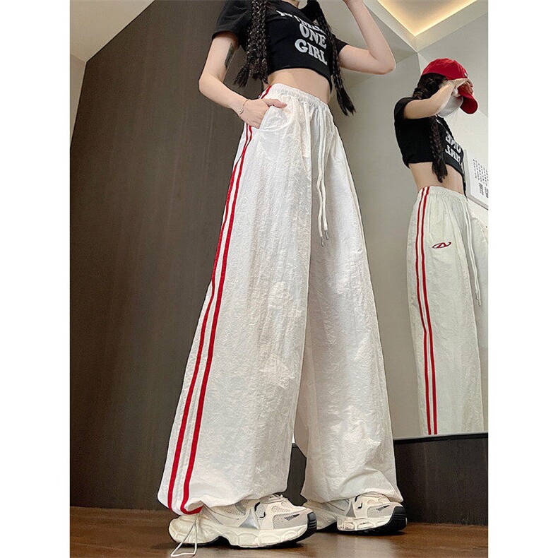 美式运动拼接条纹休闲裤女夏季松紧腰宽松束脚阔腿裤子K802p38,男装休闲裤,电商D315A