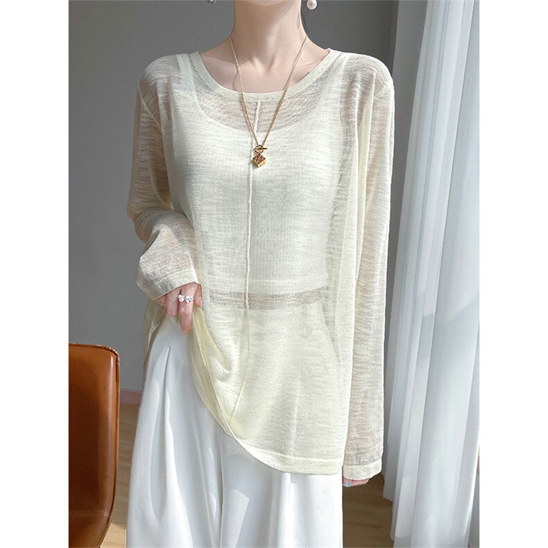 夏季薄款冰丝防晒罩衫女休闲纯色宽松慵懒风上衣配吊带裙子外搭潮，女装蕾丝衫/雪纺衫，越洋羊