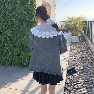 灰色蕾丝娃娃领外套女2025春季新款超好看甜美减龄木耳边拼接上衣图片