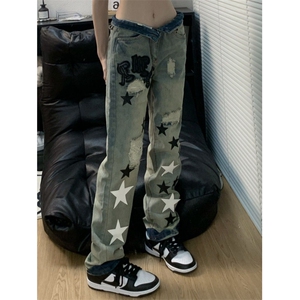 美式设计感刺绣PU皮五角星牛仔男女潮牌修身直筒破洞贴布 NH079图片