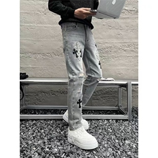 水洗做旧破洞牛仔裤男时尚直筒宽松欧美高街vibe风长裤子NZT333，男装牛仔裤，星座516A