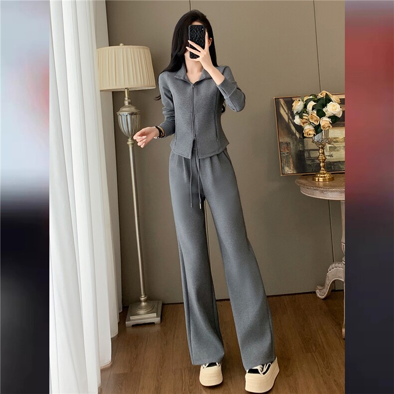 欧洲站休闲运动套装女秋季新款洋气修身减龄立领上衣阔腿裤两件套,女装套装/套裙,2C310
