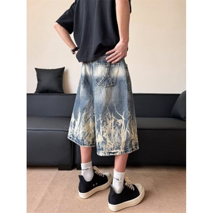 NZ0313-P48美式高街闪电纹扎染牛仔七分短裤男新款夏季休闲阔腿,乐福鞋可以搭配牛仔裙吗图片