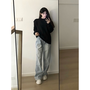 重磅秋冬男女纯色打底针织衫圆领套头半高领毛衣美式复古休闲上衣图片