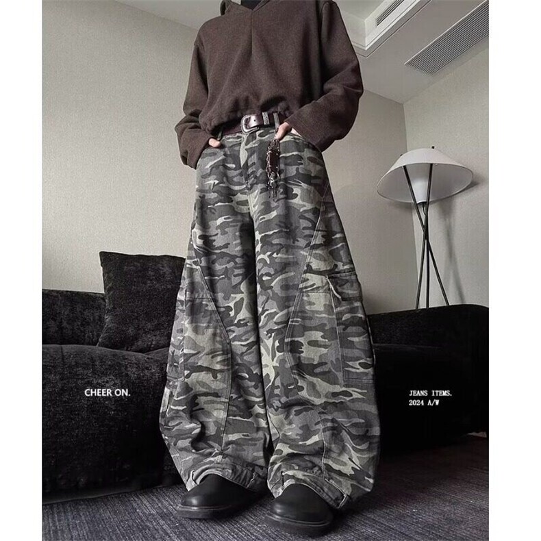 25春美式复古多口袋迷彩工装裤宽松弯刀裤子牛仔裤阔腿裤X13P65，男装休闲裤，电商D256-2(原A064-2)