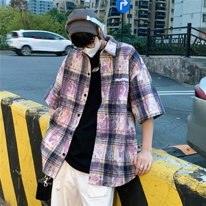 2026夏美式扎染刺绣格子短袖衬衫衬衣五分袖 CS1805/特P35 紫色7图片