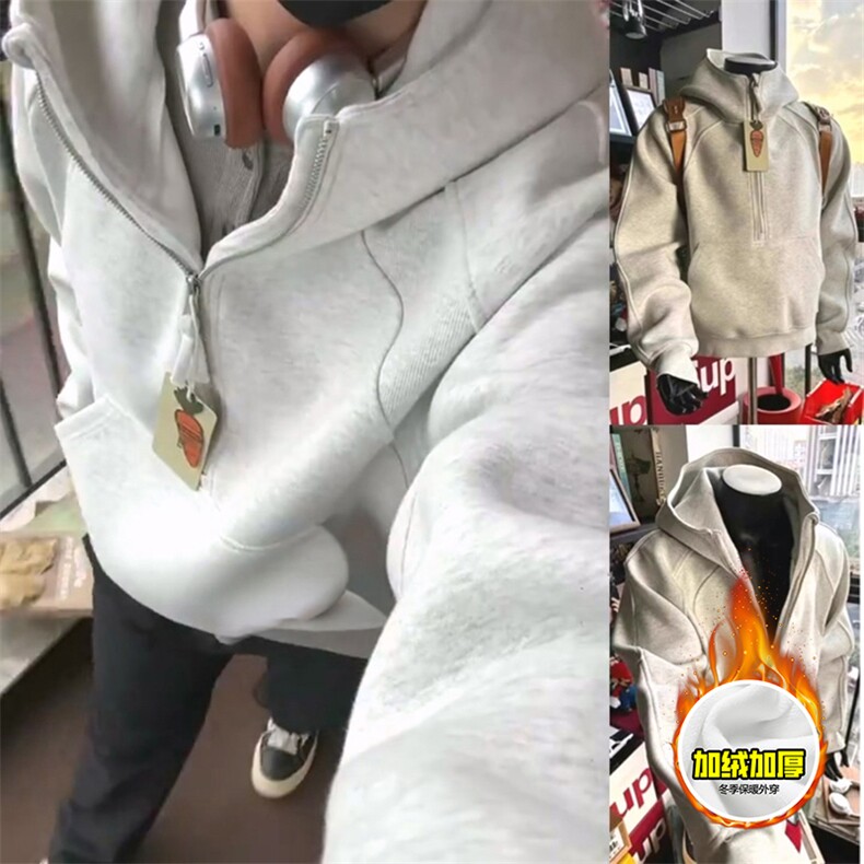 480G重磅加绒硬挺boxy男女秋冬美式高街结构半拉链卫衣开衫厚外套,女装短外套,电商A486-1